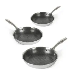 OSTER - Set x3 Sartenes Acero Inoxidable Antiadherente 20 cm, 24 cm y 28 cm