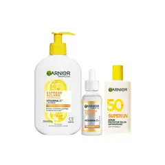 Garnier - Pack Express Aclara Gel Limpiador + Serum + Bloqueador Super UV