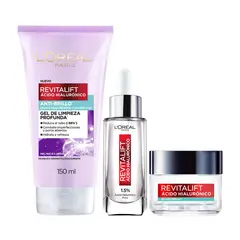 Loreal - Pack Paris Anti Brillo Ácido Hialurónico Serum Rostro + Crema Gel + Gel Limpiador Anti Brillo