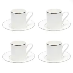 FLORENCIA - Set x4 Tazas de Café Porcelana 110 ml con plato Borde Plateado
