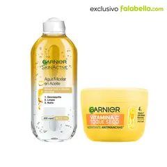 Garnier - Set Limpieza + Hidratación: Micelar Bifasica + Crema Hidratante Toque Seco Vitamina C