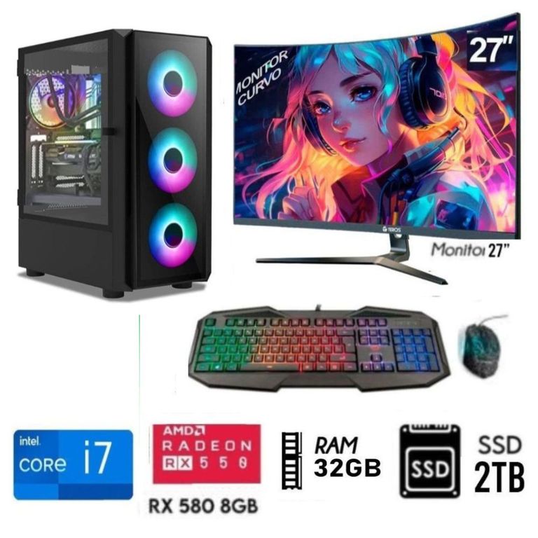 Computadora PC Gamer Core I7 Ram 32GB DISCO SOLIDO SSD 2TB Video RX 580 8GB M27"