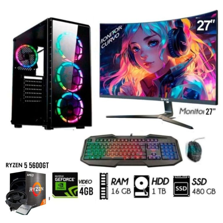 PC GAMER RYZEN 5-5TH RAM 16GB DISCO 1TB+SSD 480GB VIDEO GT 4GB MONITOR 27