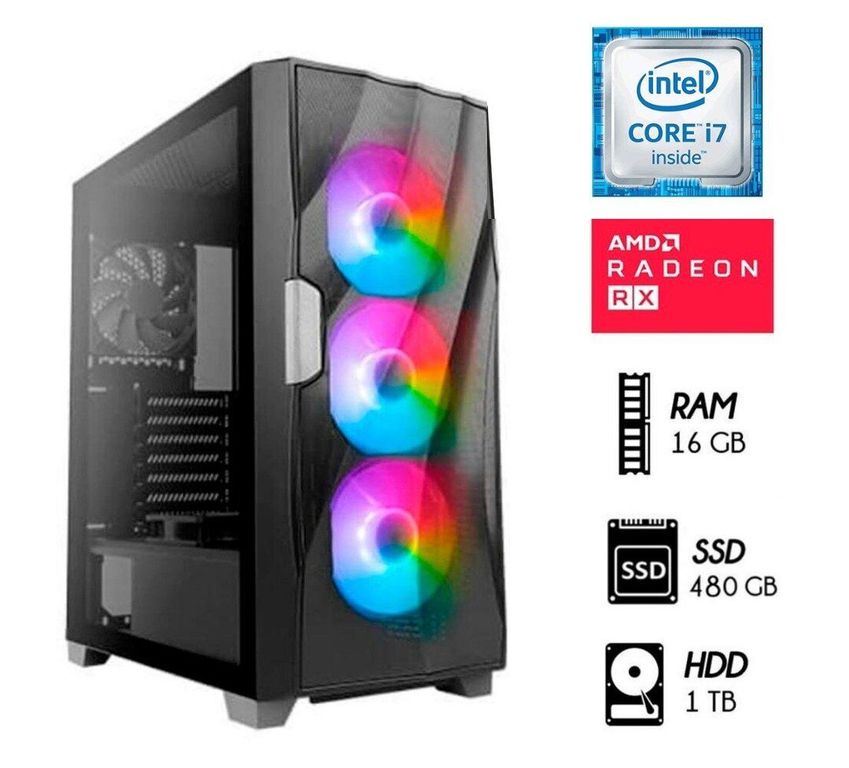 Computadora PC Gamer Core i7 RAM 16GB DISCO1TB+SSD 480GB VIDEO RX 550 4GB.