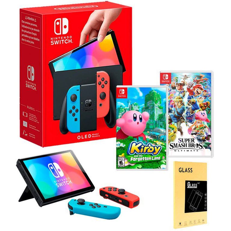 Consola Switch Oled Neon+ Kirby Forgot Land+ Smash Bros+ Mica