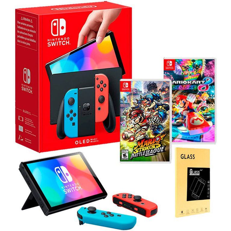 Consola Switch Oled Neon+ Mario Kart 8 + Mario Strikers+ Mica.