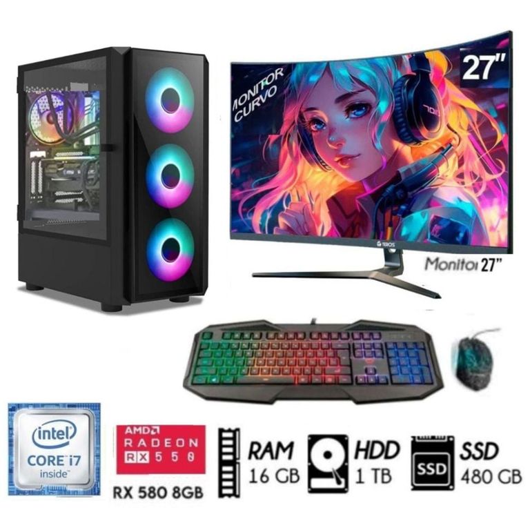 Computadora PC Gamer Core I7 Ram16GB HDD1TB+SSD 480GB Video RX 580 8GB Monitor27