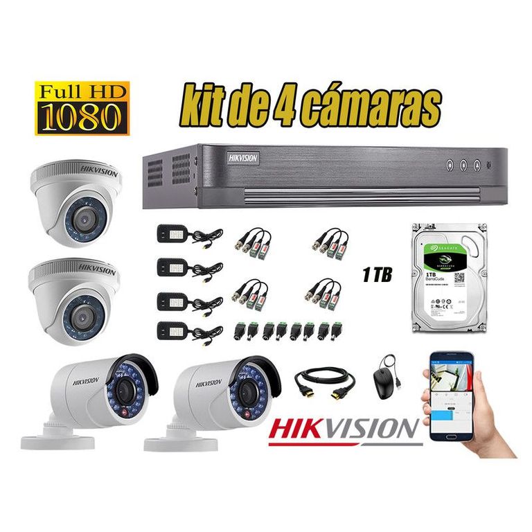 CÁMARAS SEGURIDAD KIT 4 FULL HD 1080P + DISCO 1TB P2P