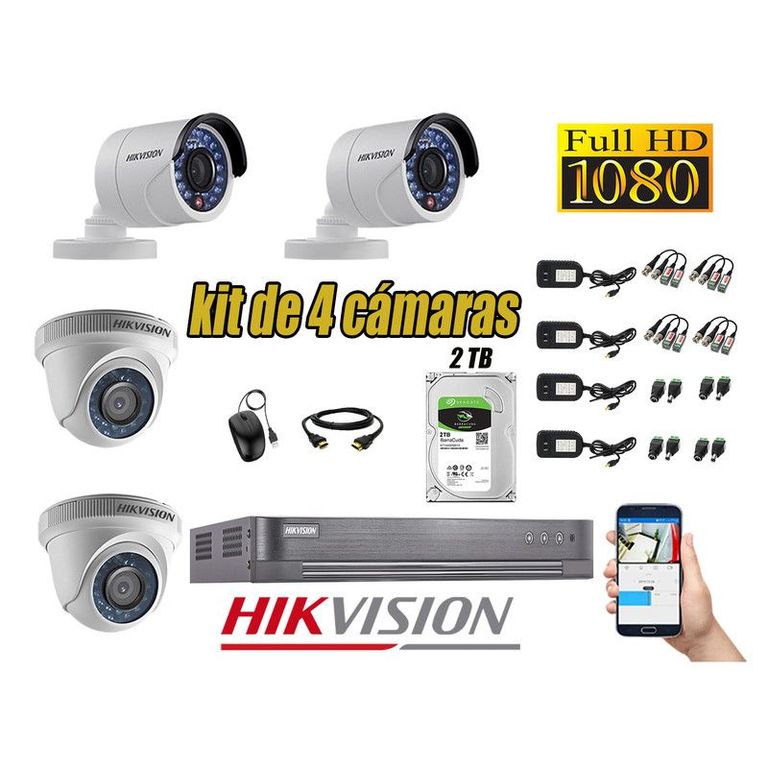 CÁMARAS SEGURIDAD KIT 4 FULL HD 1080P + DISCO 2TB P2P