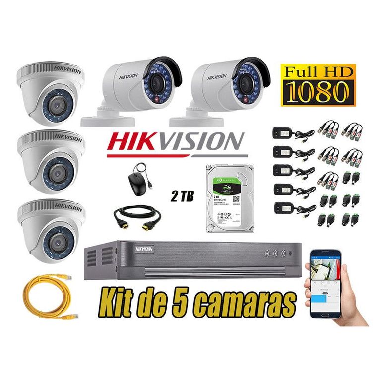 CÁMARAS SEGURIDAD KIT 5 FULL HD 1080P + DISCO 2TB 2MP