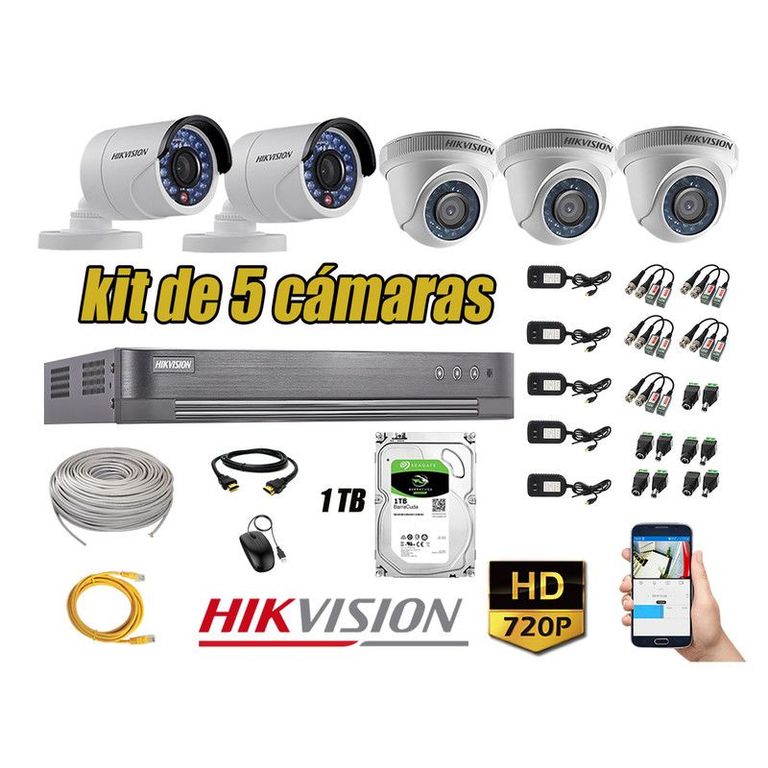 CÁMARAS SEGURIDAD KIT 5 HD 720P + DISCO 1TB COMPLETO P2P