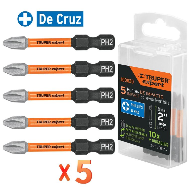 Juego 5 puntas de impacto para taladro atornillador, PhillipsPH2 x 2”,Truper