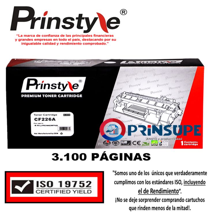 TONER PRINSTYLE 26A CF226A 3.100 PÁG. ISO RENDIMIENTO 19752