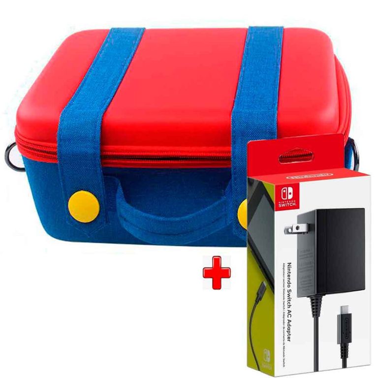 Pack Maleta para Nintendo Switch y Oled Rojo Azul y Cargador Original