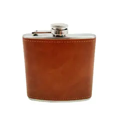 IMPORTADO MC - Licorera Bolsillo forro cuero marron 6 onzas Acero Inoxidable petaca