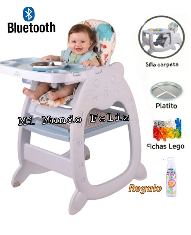 Silla de Comer para Bebe 3 en 1 Carpeta Zoo Azul + Biberon