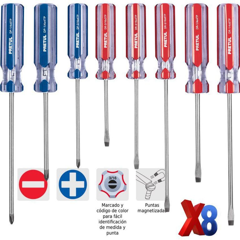 Juego desarmadores, 8 pz, mango pvc,