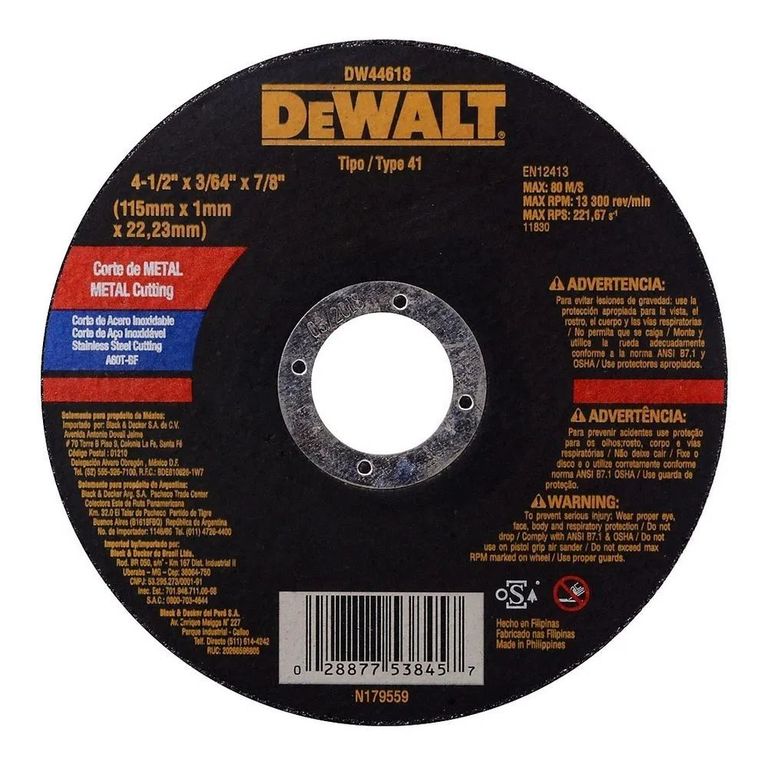 Disco Corte Metal 4-1/2” X 1 MM Inox Dw44618