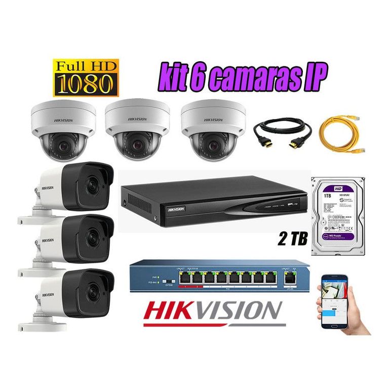 CAMARAS SEGURIDAD KIT 6 IP 1080P FULL HD + DISCO 2TB WD PURPURA
