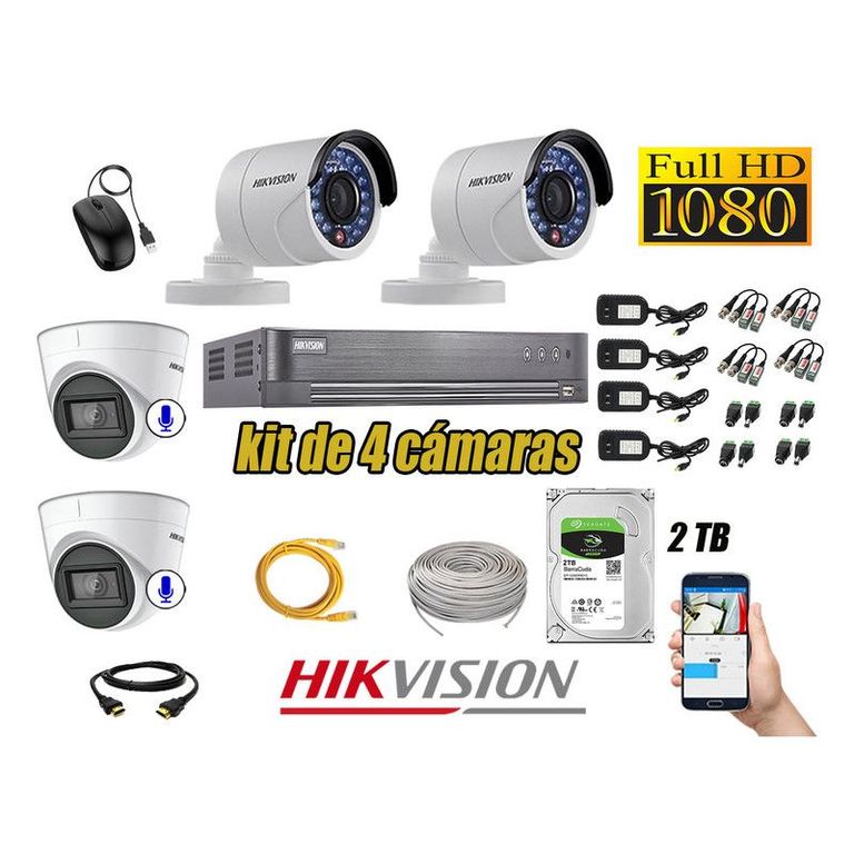 CÁMARAS SEGURIDAD KIT 4 FULL HD 2 CAMARA AUDIO INCORPORADO +DISCO 2TB