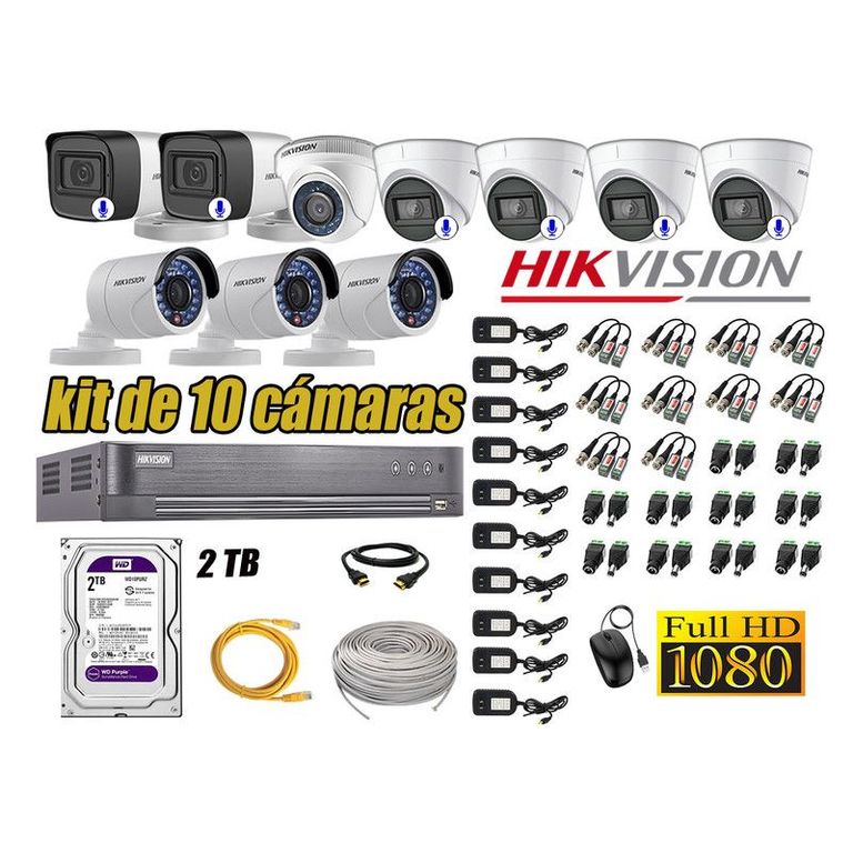 CÁMARAS SEGURIDAD KIT 10 FULL HD 6 CAMARA AUDIO INCORPORADO +DISCO 2TB