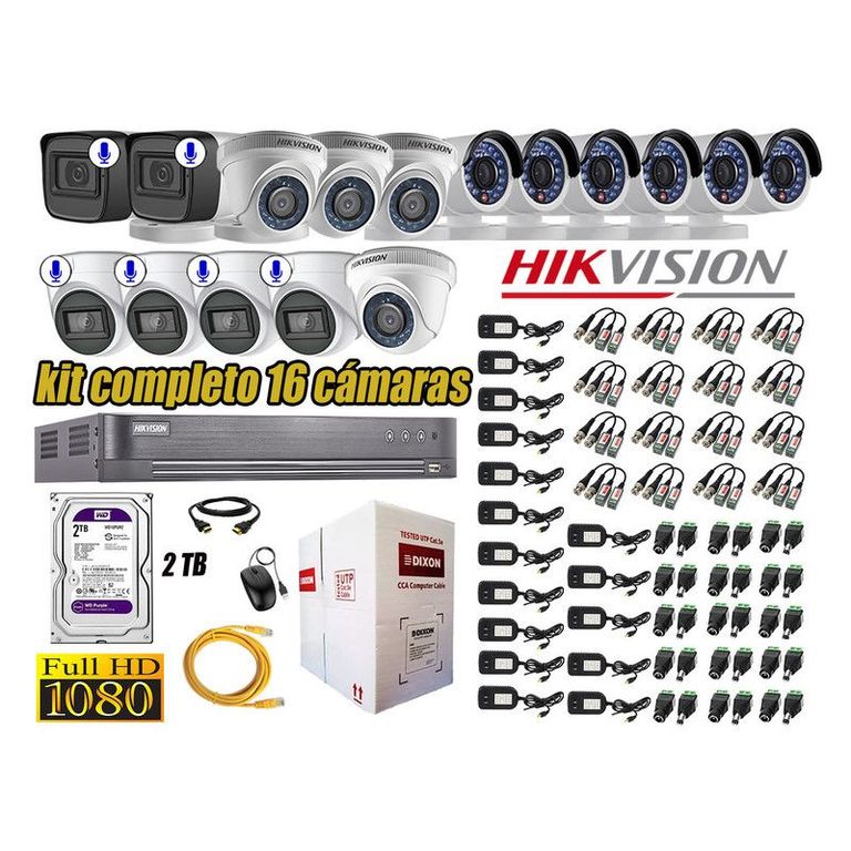 CÁMARAS SEGURIDAD KIT 16 FULL HD 6 CAMARA AUDIO INCORPORADO +DISCO 2TB