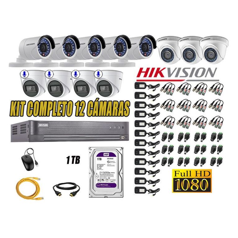 CÁMARAS SEGURIDAD KIT 12 FULL HD 04 CAMARA AUDIO INCORPORADO DISCO 1TB