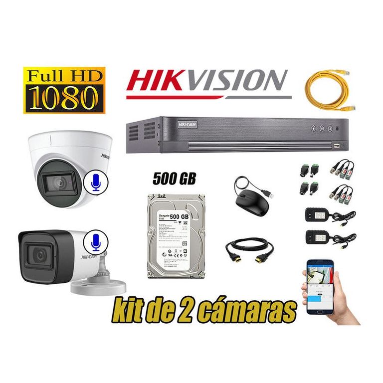 CÁMARAS SEGURIDAD KIT 2 FULL HD 2 CAMARA AUDIO INCORPORADO DISCO 500GB