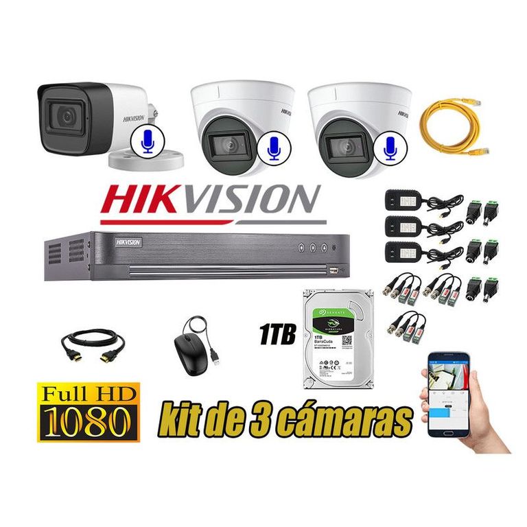 CÁMARAS SEGURIDAD KIT 3 FULL HD 03 CAMARAS AUDIO INCORPORADO DISCO 1TB