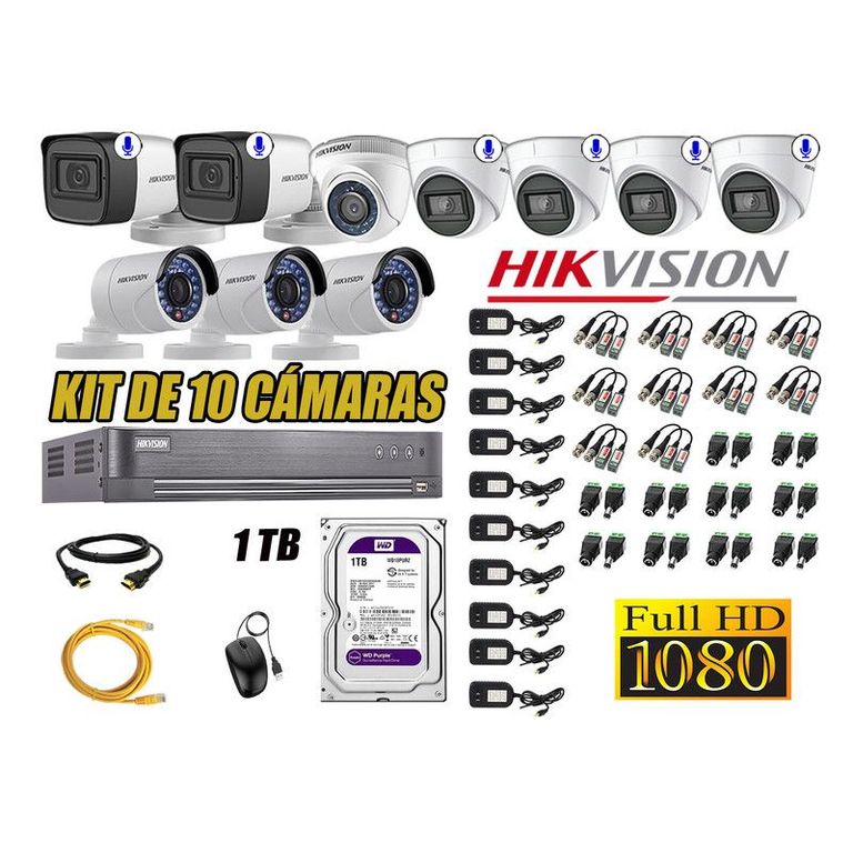 CÁMARAS SEGURIDAD KIT 10 FULL HD 6 CAMARAS AUDIO INCORPORADO DISCO 1TB