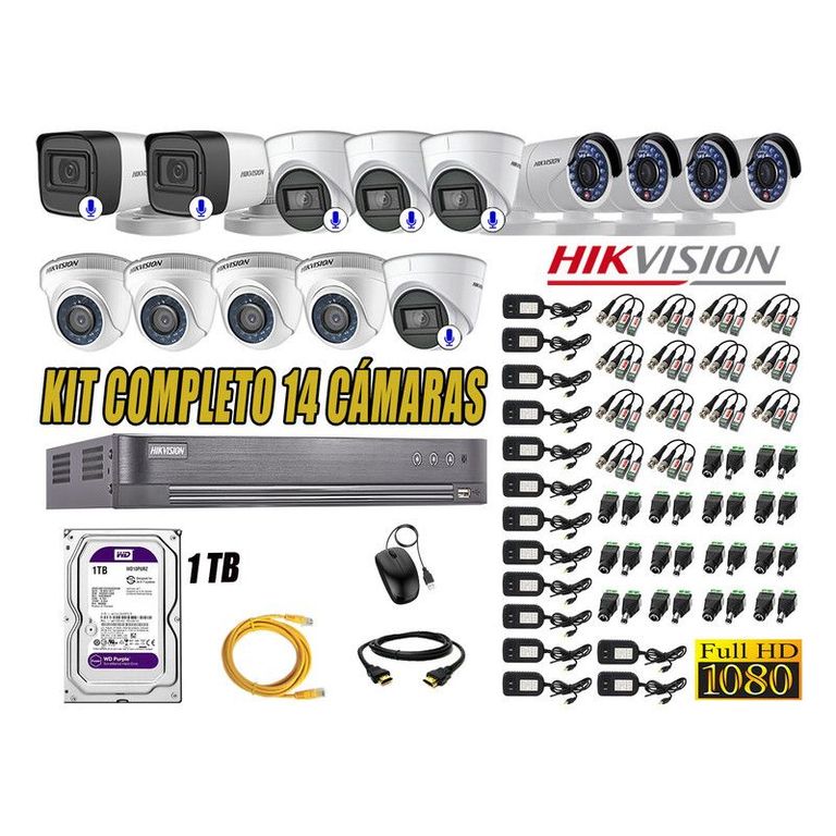 CÁMARAS SEGURIDAD KIT 14 FULL HD 6 CAMARAS AUDIO INCORPORADO DISCO 1TB