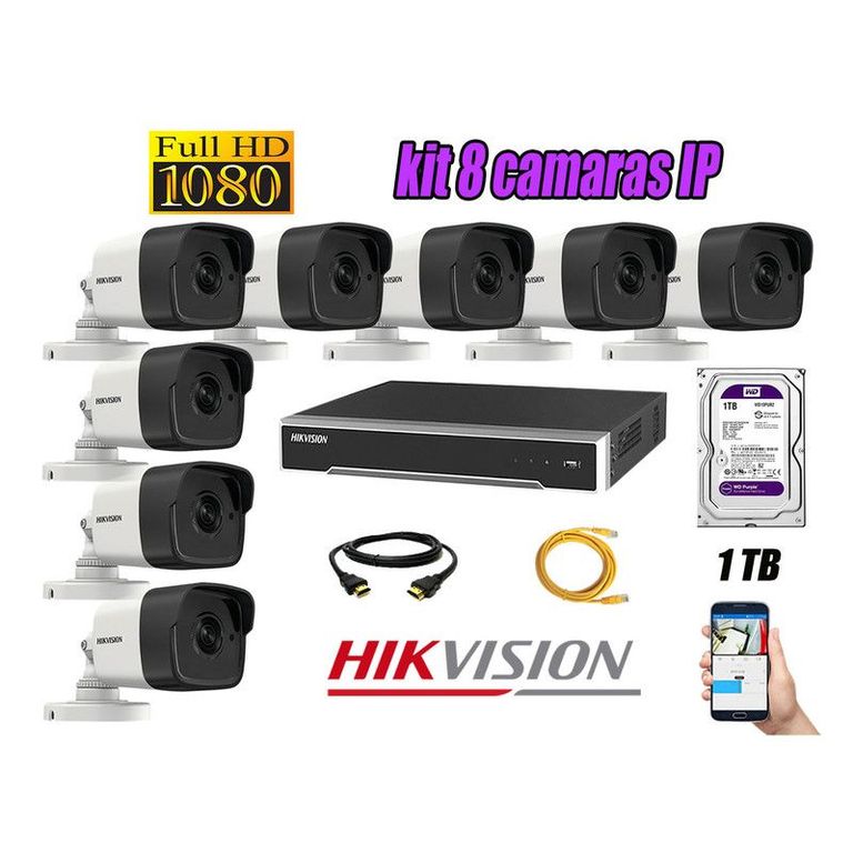 CAMARAS SEGURIDAD KIT 8 IP POE 1080P EXTERIOR + DISCO 1TB WD PURPURA
