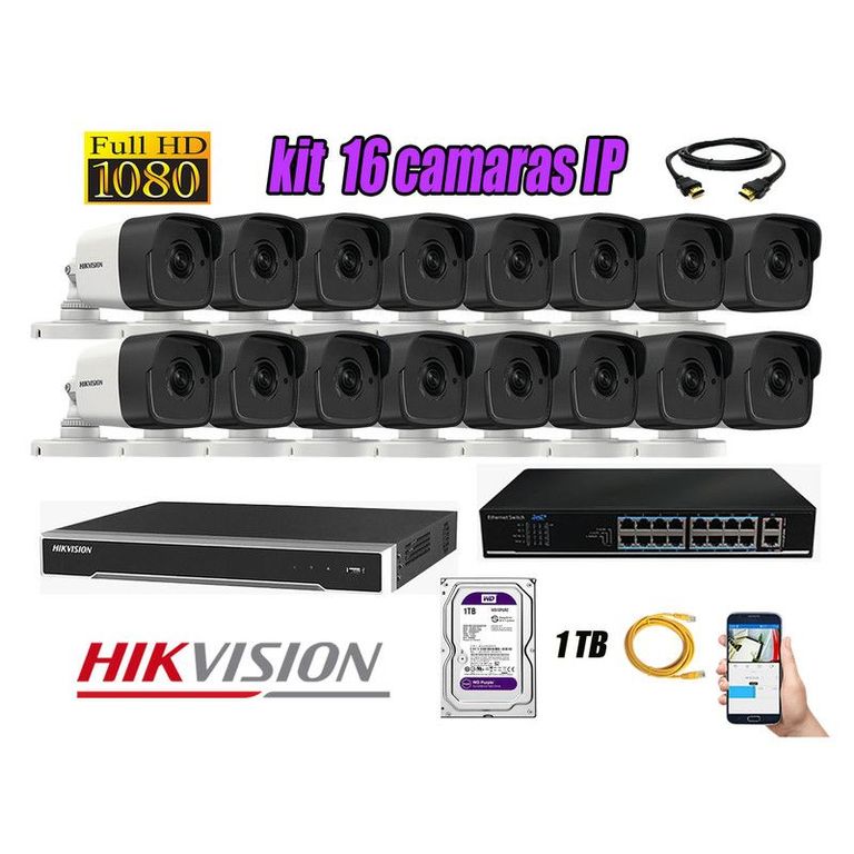 CAMARAS SEGURIDAD KIT 16 IP 1080P EXTERIOR + DISCO 1TB WD PURPURA