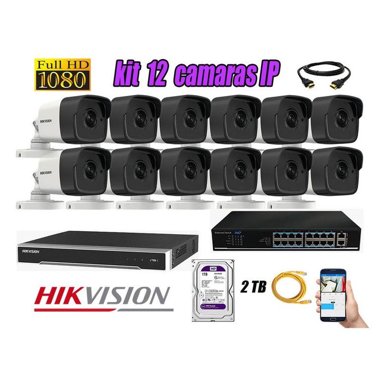 CAMARAS SEGURIDAD KIT 12 IP 1080P EXTERIOR + DISCO 2TB WD PURPURA