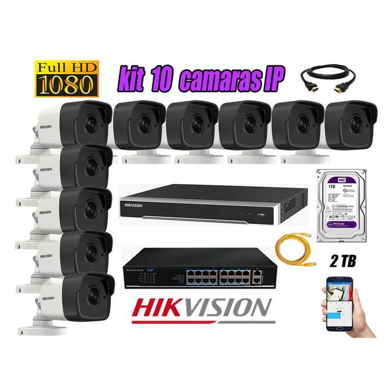 CAMARAS SEGURIDAD KIT 10 IP 1080P EXTERIOR + DISCO 2TB WD PURPURA