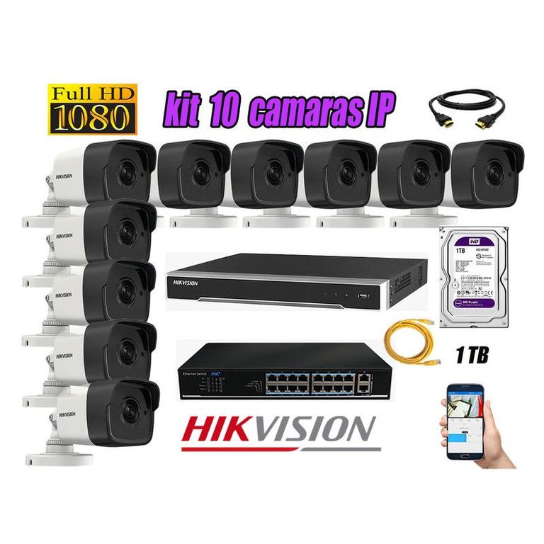 CAMARAS SEGURIDAD KIT 10 IP 1080P EXTERIOR + DISCO 1TB WD PURPURA