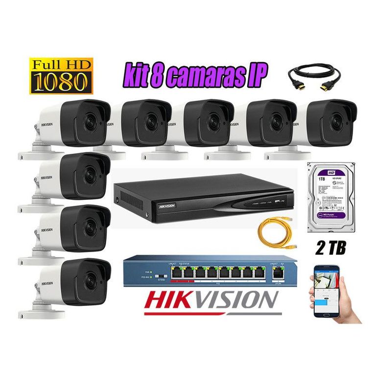 CAMARAS SEGURIDAD KIT 8 IP 1080P EXTERIOR + DISCO 2TB WD PURPURA