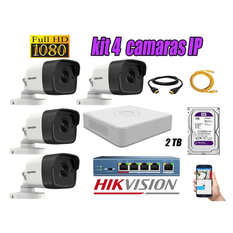 CAMARAS SEGURIDAD KIT 4 IP 1080P EXTERIOR + DISCO 2TB WD PURPURA