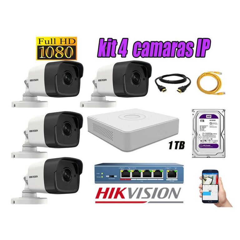 CAMARAS SEGURIDAD KIT 4 IP 1080P EXTERIOR + DISCO 1TB WD PURPURA
