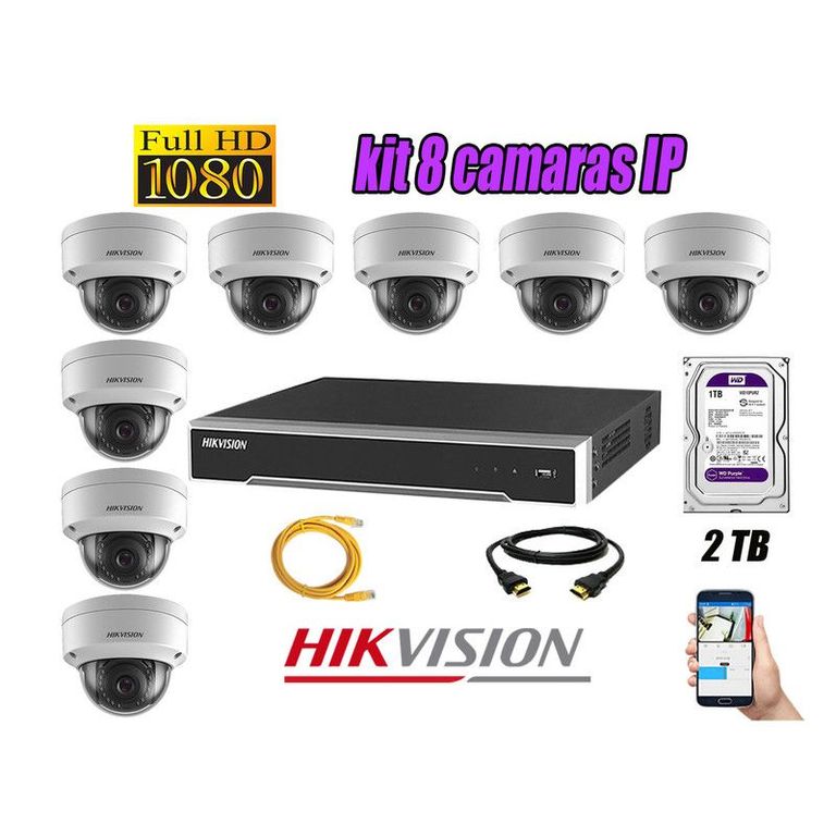 CAMARAS SEGURIDAD KIT 8 IP POE 1080P INTERIOR + DISCO 2TB WD PURPURA