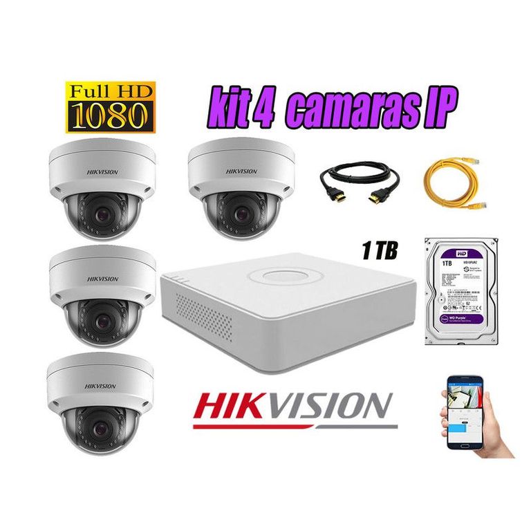 CAMARAS SEGURIDAD KIT 4 IP POE 1080P INTERIOR + DISCO 1TB WD PURPURA