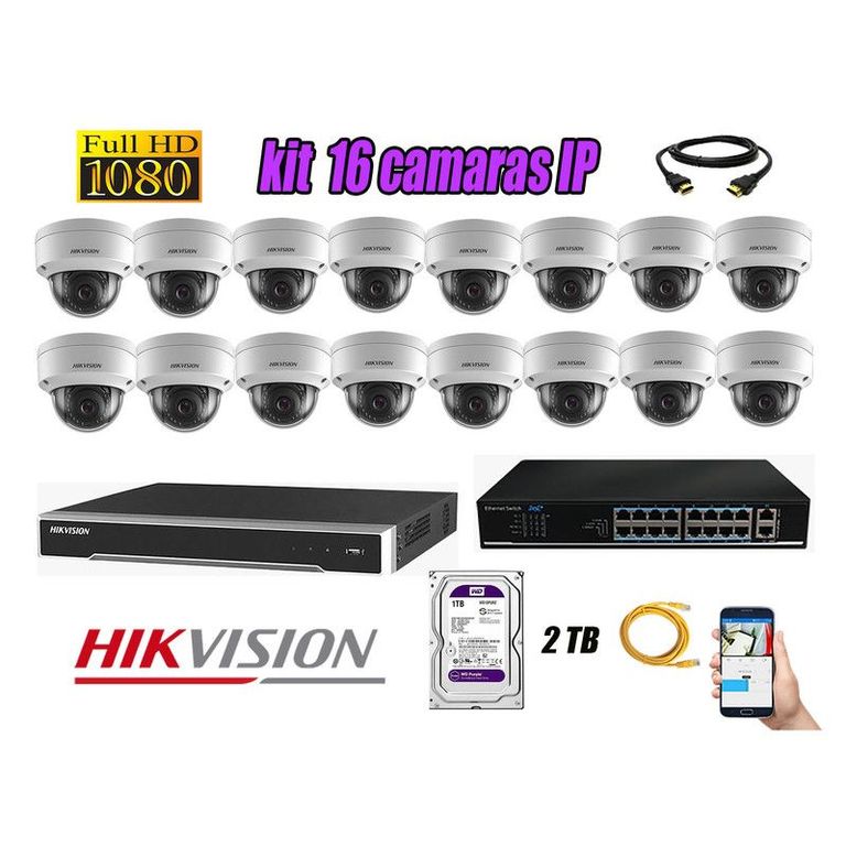 CAMARAS SEGURIDAD KIT 16 IP 1080P INTERIOR + DISCO 2TB WD PURPURA