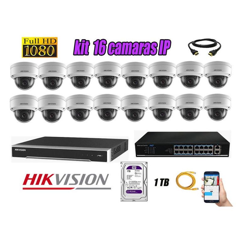 CAMARAS SEGURIDAD KIT 16 IP 1080P INTERIOR + DISCO 1TB WD PURPURA
