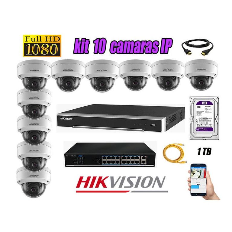 CAMARAS SEGURIDAD KIT 10 IP 1080P INTERIOR + DISCO 1TB WD PURPURA
