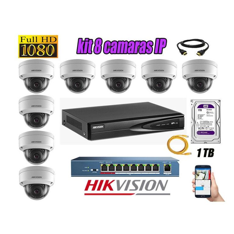 CAMARAS SEGURIDAD KIT 8 IP 1080P INTERIOR + DISCO 1TB WD PURPURA