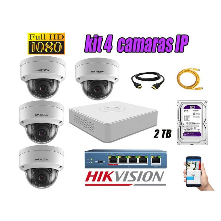 CAMARAS SEGURIDAD KIT 4 IP 1080P INTERIOR + DISCO 2TB WD PURPURA