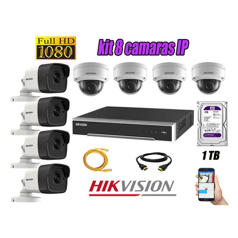 CAMARAS SEGURIDAD KIT 8 IP POE 1080P FULL HD + DISCO 1TB WD PURPURA