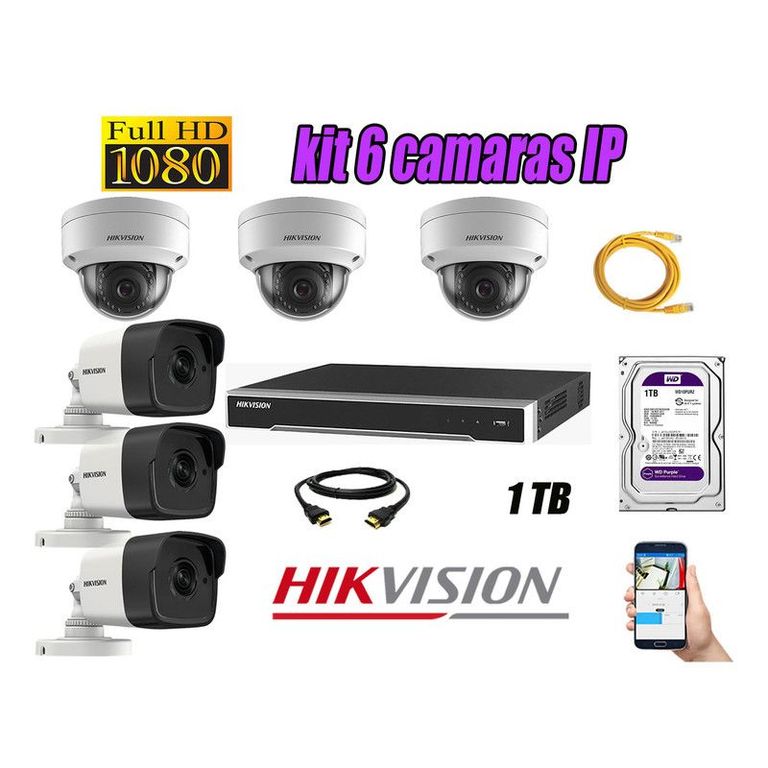 CAMARAS SEGURIDAD KIT 6 IP POE 1080P FULL HD + DISCO 1TB WD PURPURA