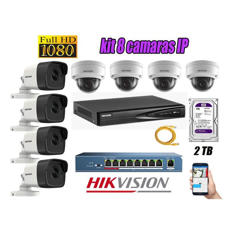 CAMARAS SEGURIDAD KIT 8 IP 1080P FULL HD + DISCO 2TB WD PURPURA
