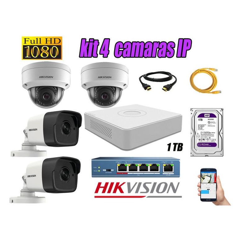 CAMARAS SEGURIDAD KIT 4 IP 1080P FULL HD + DISCO 1TB WD PURPURA